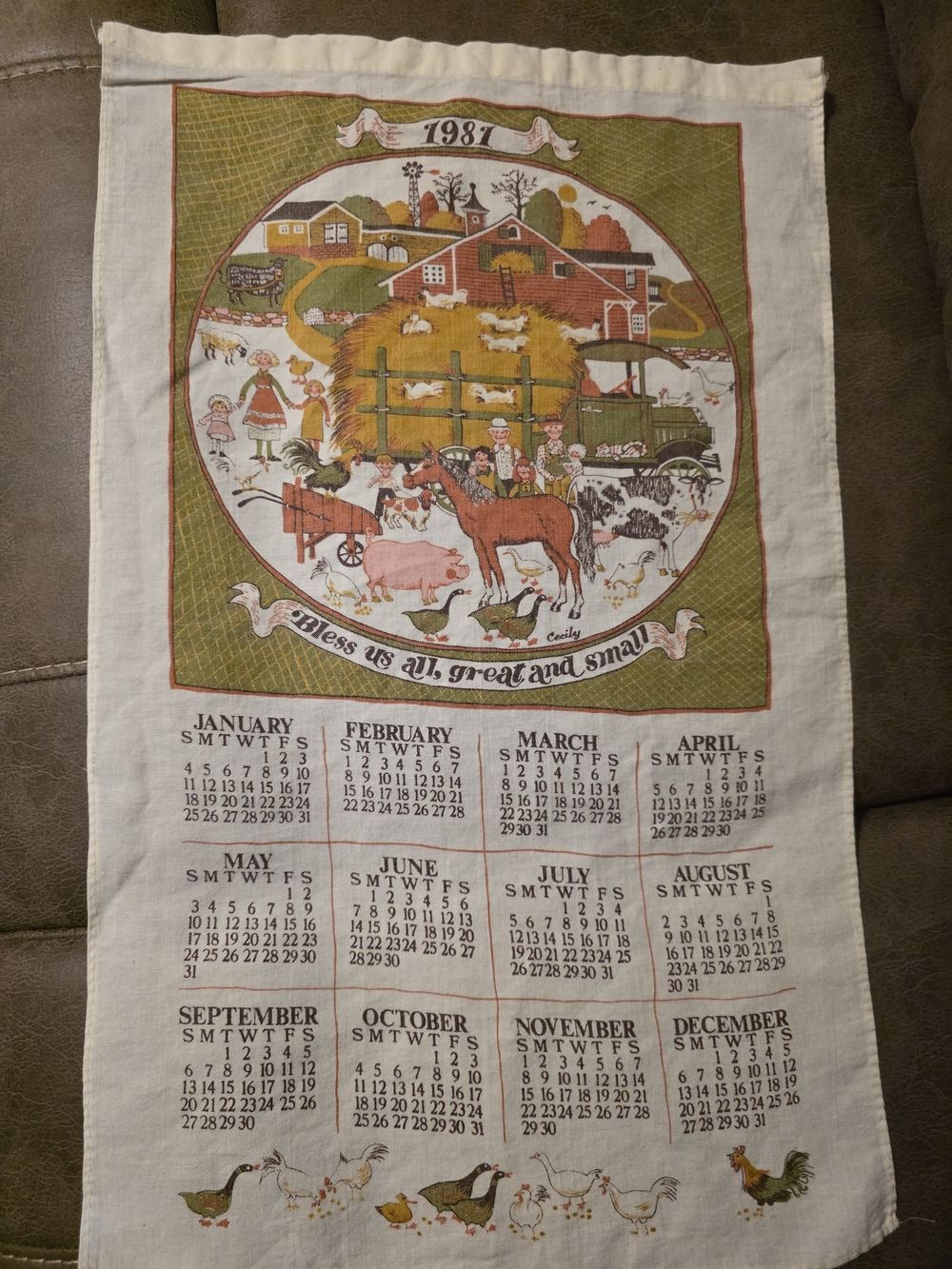 Vintage Farm Scene 1981 Calendar Tea Towel - Green/Brown